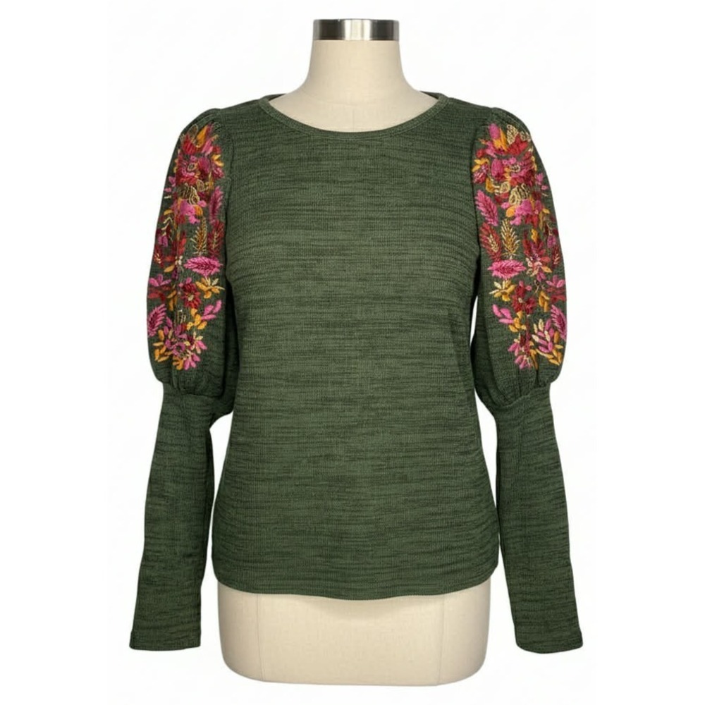 THML olive green blouse‎ w/ floral embroidery puff sleeves women's size small